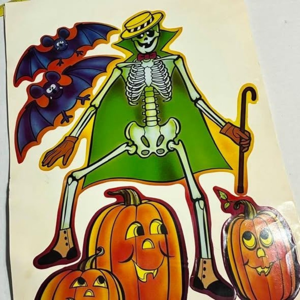Vintage Halloween Vinyl Window Clings Skeleton Bats Pumpkins Retro Kitsch Decor